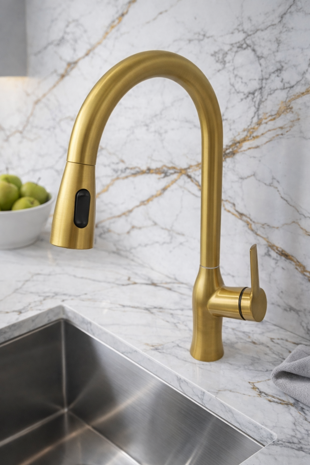 صنبور ذهبي لامع مع مغسلة حديثة