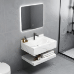 مغسلة ديكور راقية أبيض مرخم مع مرآة مضيئة / مقاسات 60 / 80 / 100 سم