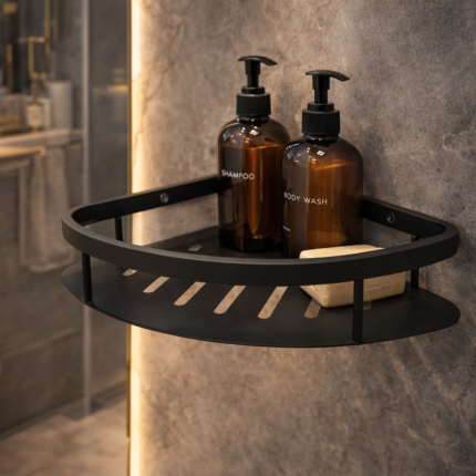 رف حمام جداري أسود مطفي فاخر بتصميم مودرن مع فتحات تصريف وعرض أنيق