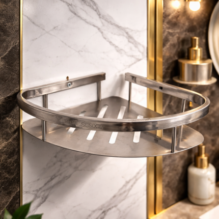 رف زاوية ستانلس ستيل SUS304 فاخر – حامل حمام جداري مودرن بتصميم أنيق مقاوم للصدأ