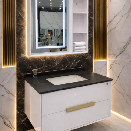 مغسلة رويال ماربل لاكشري مع مرآة LED وإضاءة ذهبية فاخرة