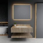 مغسلة ديكور مع مرايا مضيئة ورف لون بيج بلمعة / مقاسات 60 سم، 80 سم، 100 سم