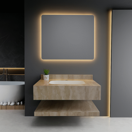 مغسلة ديكور مع مرايا مضيئة ورف لون بيج بلمعة / مقاسات 60 سم، 80 سم، 100 سم