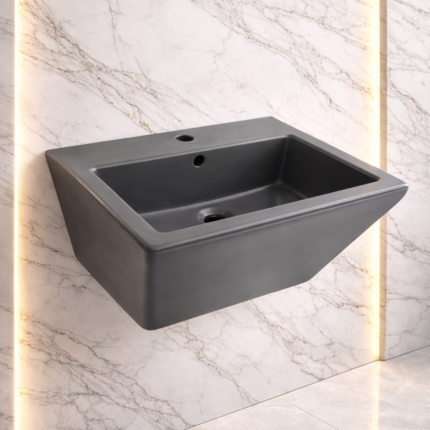 مغسلة جدارية مودرن فاخرة – تصميم رمادي مطفي بإطلالة راقية