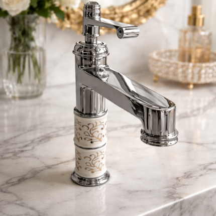 خلاط مغسلة فاخر كلاسيك كروم بنقشة ذهبية – لمسة ملكية أنيقة